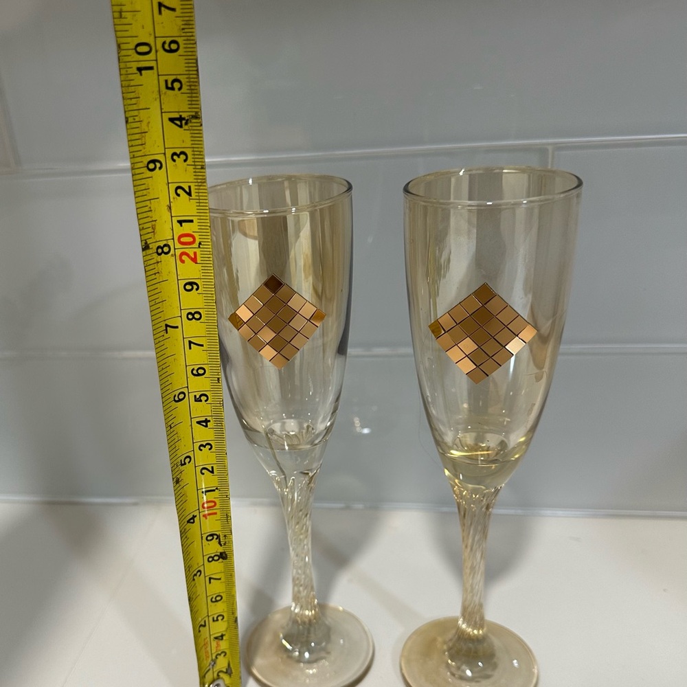 Franco Vetrerie Champagne Flute Glasses Set Of 2 Bronze Tone Embellish crystal - Picture 7 of 8